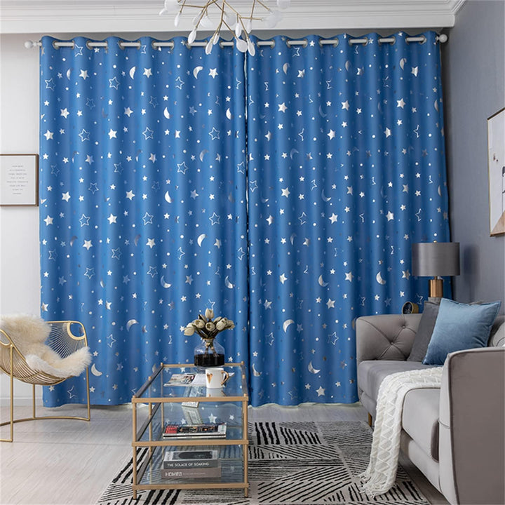 Freyamy Vorhang Blickdicht Hellblau Mond Sternenvorhänge 2 Stück,240x140cm (HxB) Niedliche Vorhänge