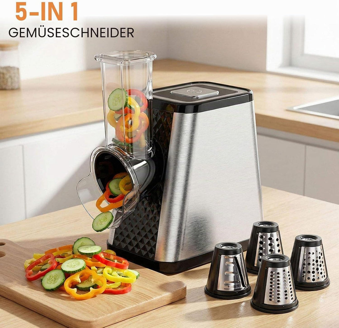 Gemüseschneider Elektrisch 5-in-1, 500W Elektrischer Gemüsehobel mit 5 Edelstahl-Klingen für Käse, G