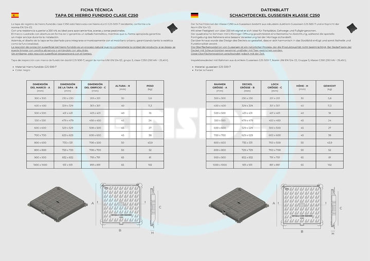 EINSIDE Schachtabdeckung aus Sphäroguss, Klasse C250, mit Rahmen, 30 x 30cm 30 x 30 cm, 30 x 30 cm