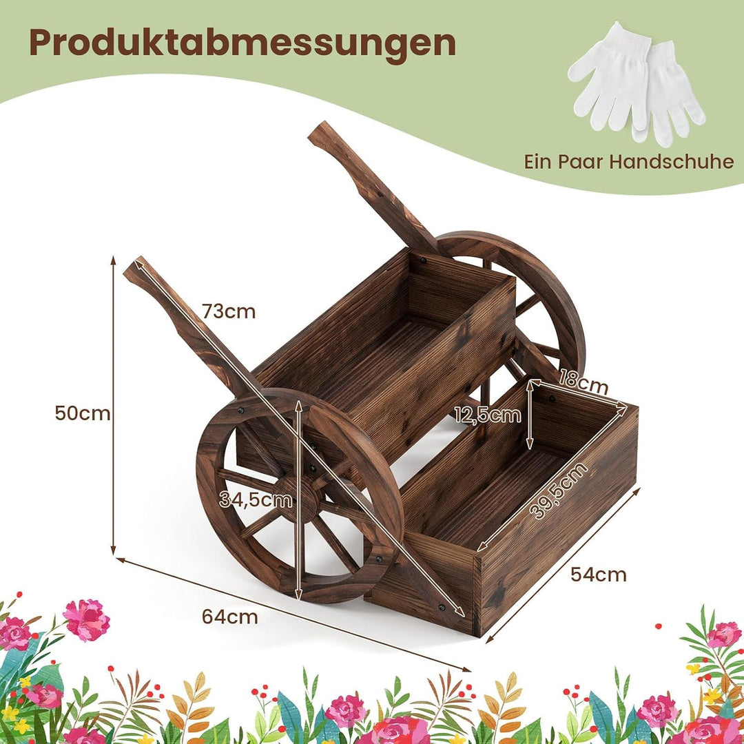 COSTWAY Blumenwagen Holz, Blumenständer mit 2 Rädern &amp; Griffen &amp; Drainagelöchern, Pflanzwagen, 2-stu