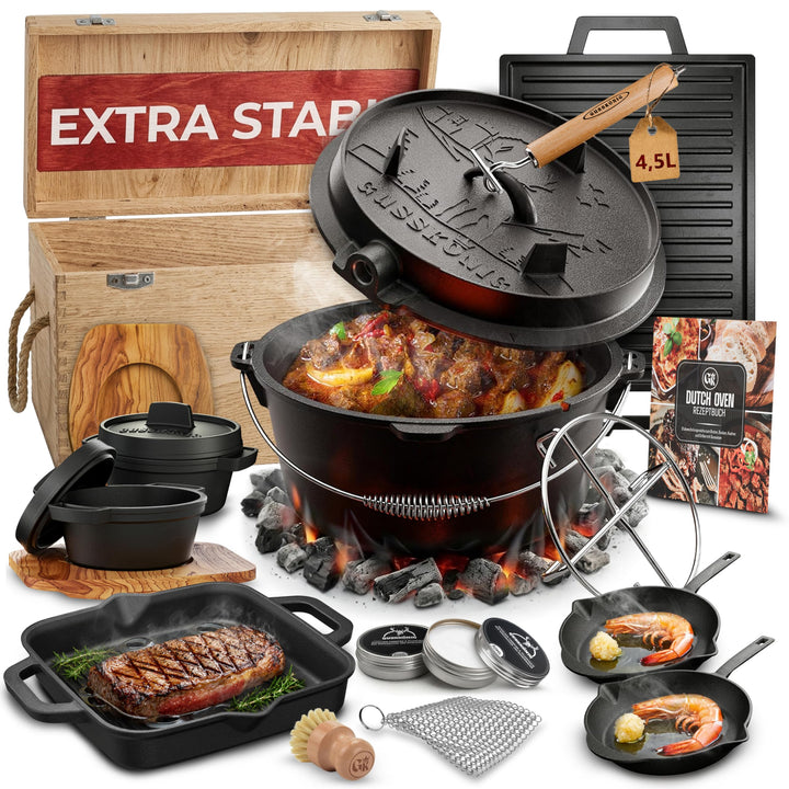 Dutch Oven Set 11-teilig – bereits eingebranntes Gusseisen Topf Set – Bratpfanne, Grilltopf, Deckelh