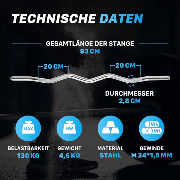 Northdeer SZ Curlstange 95cm (4,6kg) aus massivem Stahl, Ø 28mm, Stange verchromt &amp; gerändelt, Hante