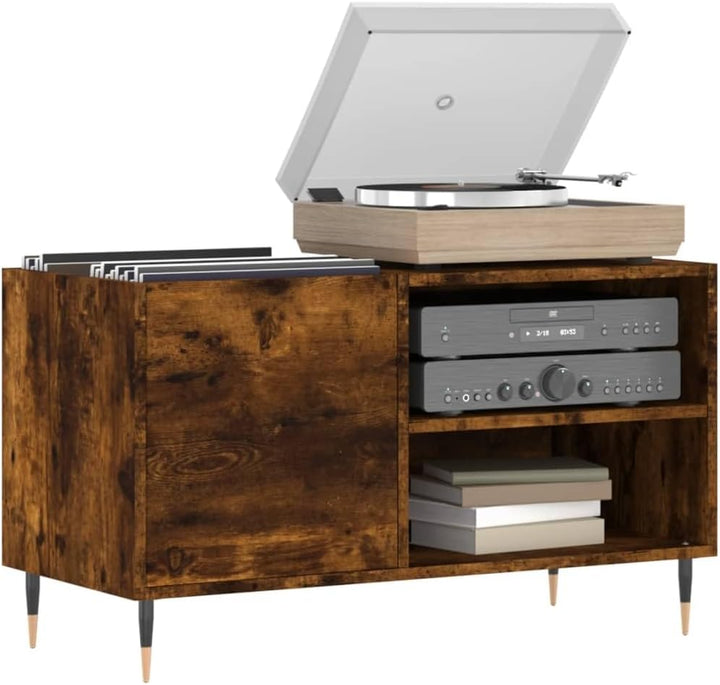 Plattenschrank Räuchereiche 85x38x48 cm Holzwerkstoff mit Eisenbeinen, geräumiger Mediaschrank für S