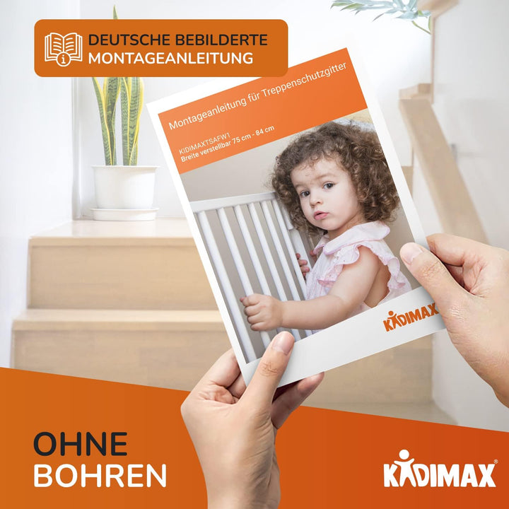 KIDIMAX Treppenschutzgitter (Modell 2022) 75-84 cm, ohne Bohren, Türschutzgitter für Kinder, Hunde u