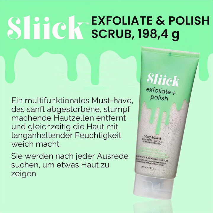 Sliick Exfoliate &amp; Polish Body Scrub Bimsstein und Glykolsäure vor und nach dem Wachsen