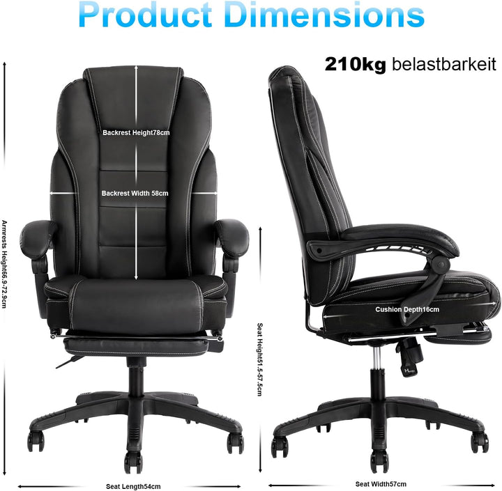 Bosmiller Bürostuhl Chefsessel 210kg, extra breite Sitzfläche mit Fussstütze, Office Chair mit verst
