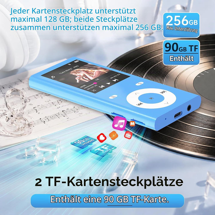 90GB MP3 Player Bluetooth 5.3, Musik Player 2 TF-Kartensteckplätzen Blau, Blau