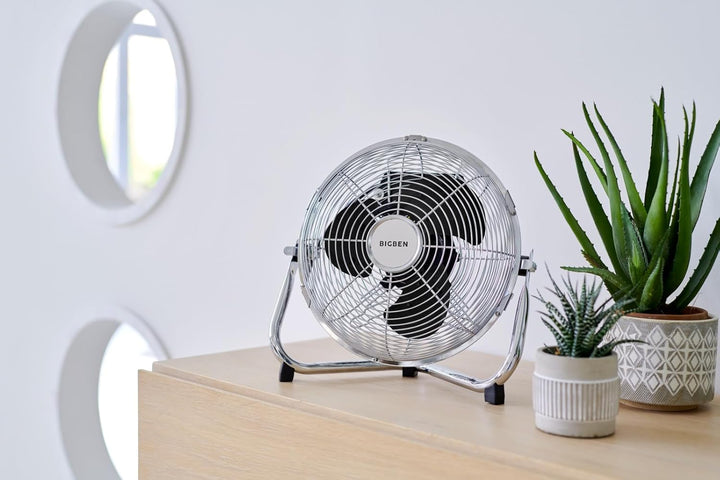 Bigben 48-W-Tischventilator, 3 Geschwindigkeitsstufen, neigbarer Kopf, gebürstetes Aluminium, für Sc