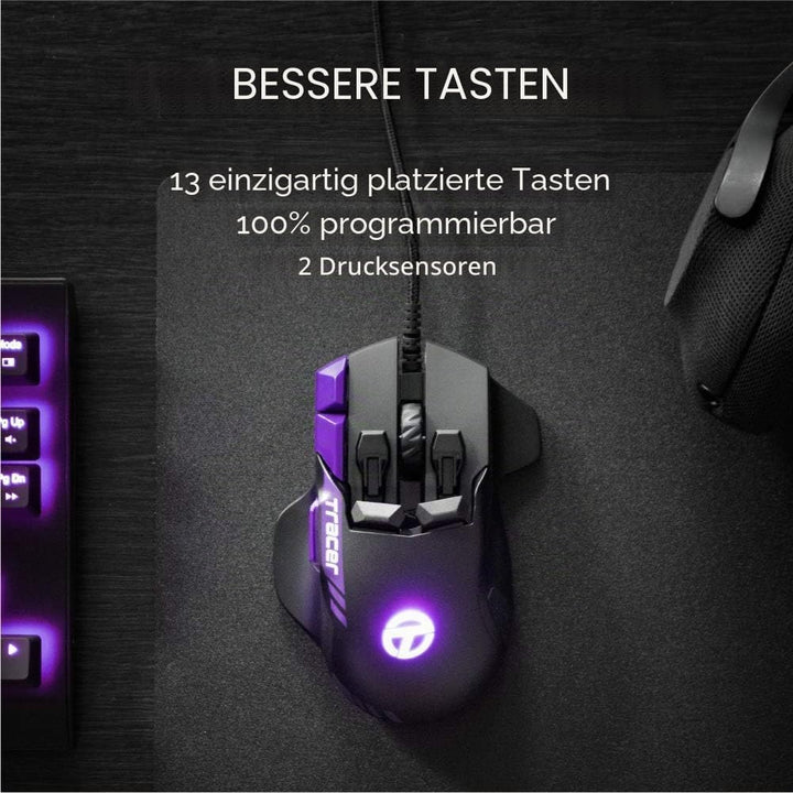 Swiftpoint Tracer Wired Gaming Mouse: 13 Programmable Buttons, 2 Pressure Sensors, Side Buttons, 120
