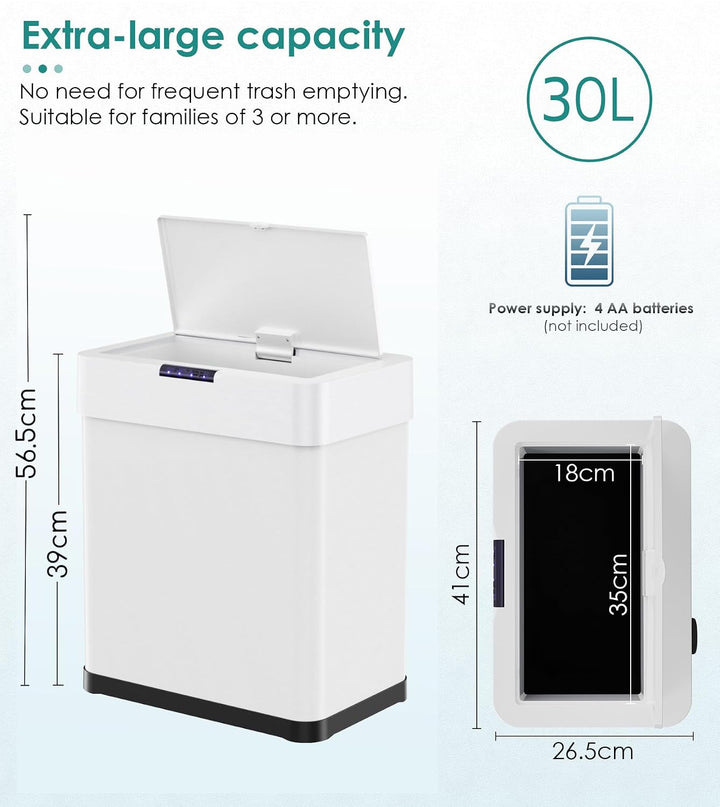 LIFERUN Mülleimer mit Sensor 30l, Mülleimer Küche 30 Liter, Weiss Weiss M-30L, Weiss M-30L