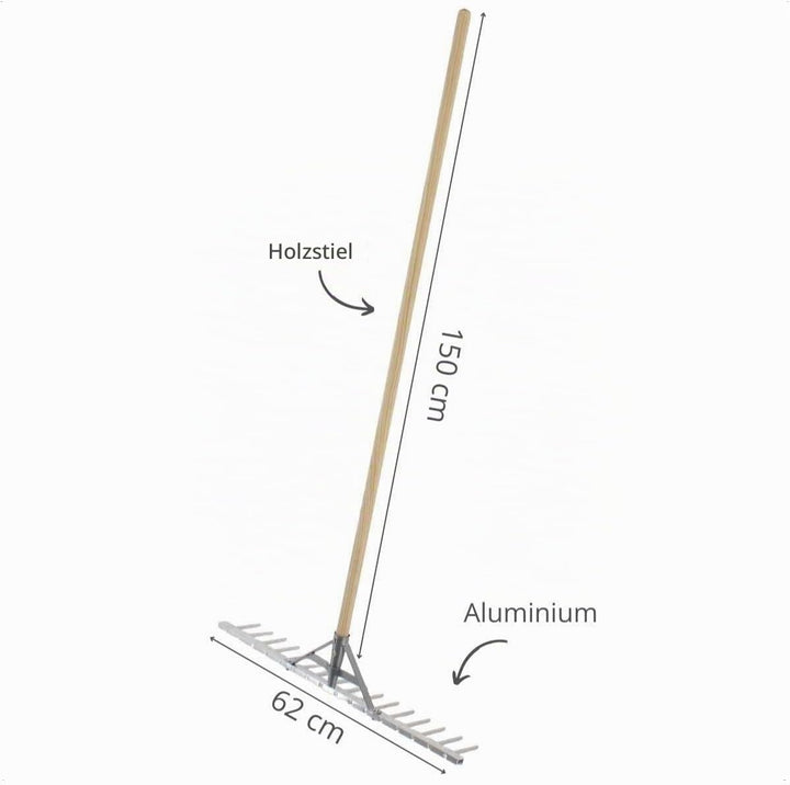 Rekord Aluminium Rechen leicht mit 16 Zinken Breite 62 cm - mit Stiel 150 cm, Rasenrechen, Gartenrec