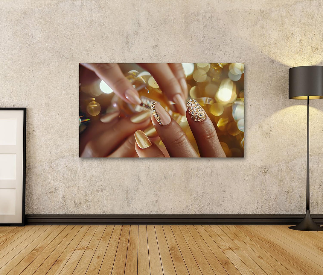 islandburner Bild auf Leinwand Goldene Nagelkunst im Urlaubsstil mit Heller Maniküre, funkelnden Ede