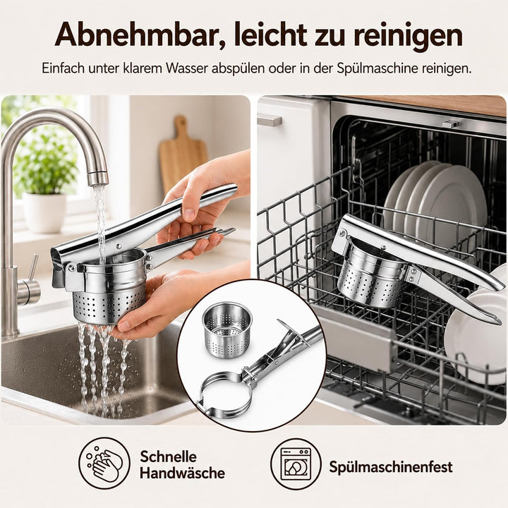 Kartoffelpresse Edelstahl 420ml mit Schraubfixierung, Spätzlepresse &amp; Spaghettieispresse, Multifunkt
