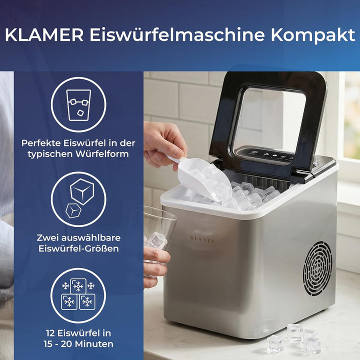 KLAMER Eiswürfelmaschine klein (2026), 8 Eiswürfel in 8 Minuten