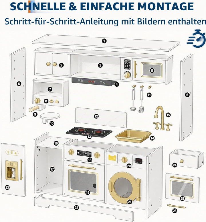 Kinderküche Holz mit Licht, Geräuschen, Herd und Zubehör Weiss, Weiss
