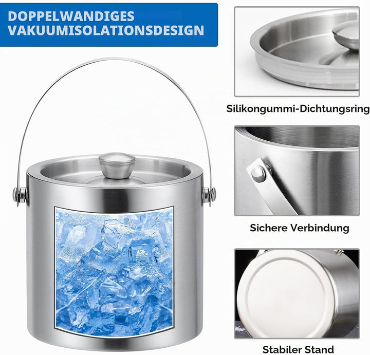 3L Eiswürfelbehälter mit Deckel, Edelstahl Eiswürfelbehälter Doppelwandig Isoliert, Eiskübel mit Dec