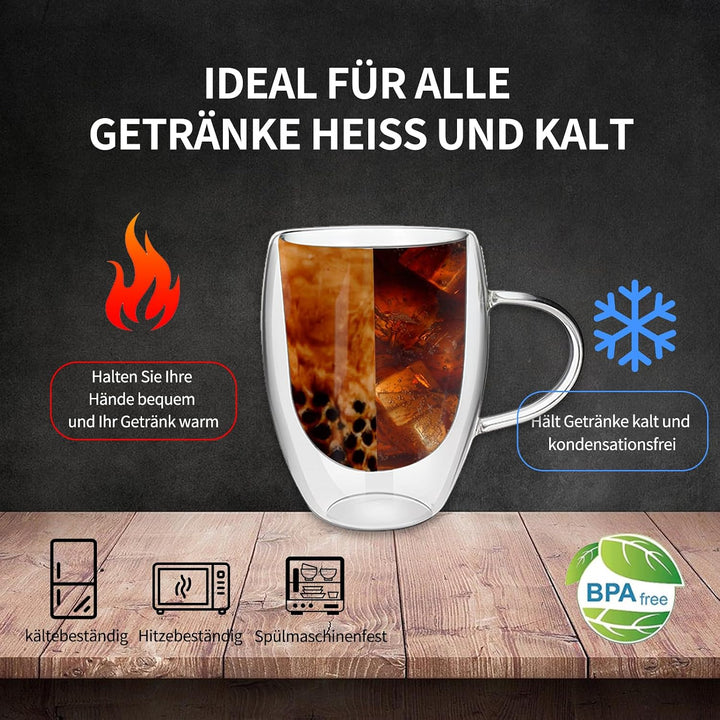 Latte Macchiato Gläser 350 ml, 6er Set, doppelwandige Kaffeegläser mit Henkel, aus Borosilikatglas,