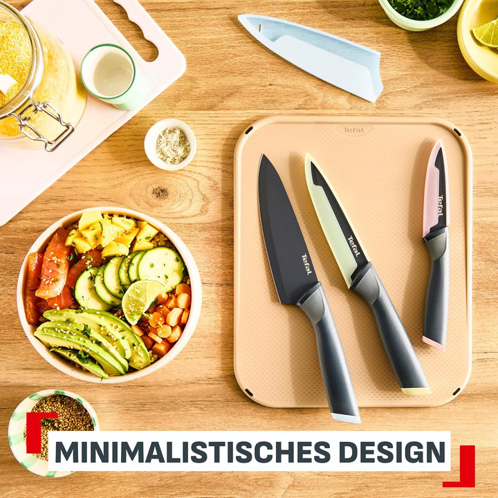 Tefal Slicy 3-tlg. Messer-Set, Soft Touch Griff, Schwarz/Pastellfarben Kochmesser + Universalmesser