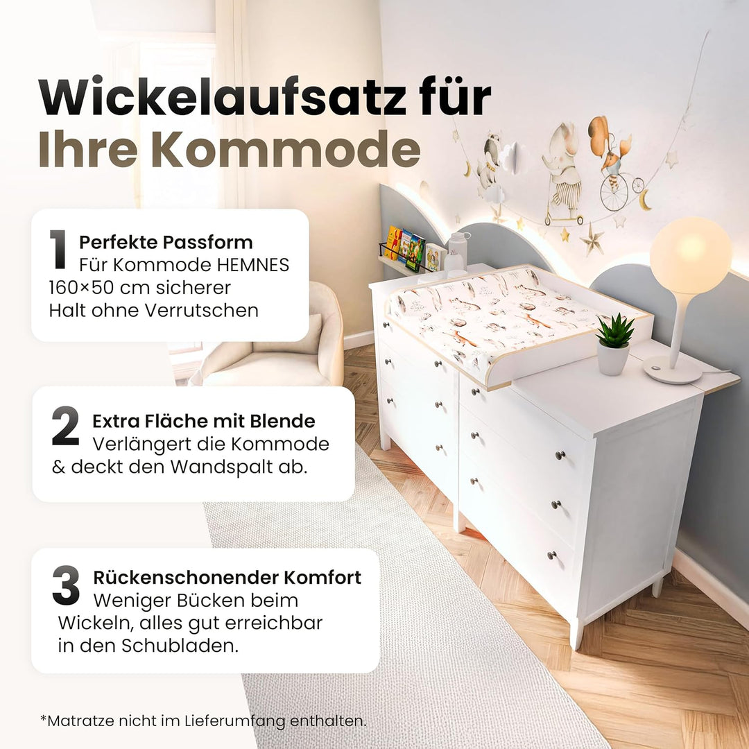 regalik Wickelaufsatz mit Platte für Hemnes von IKEA, Wickeltischaufsatz für 50x160 cm Kommoden, Abn