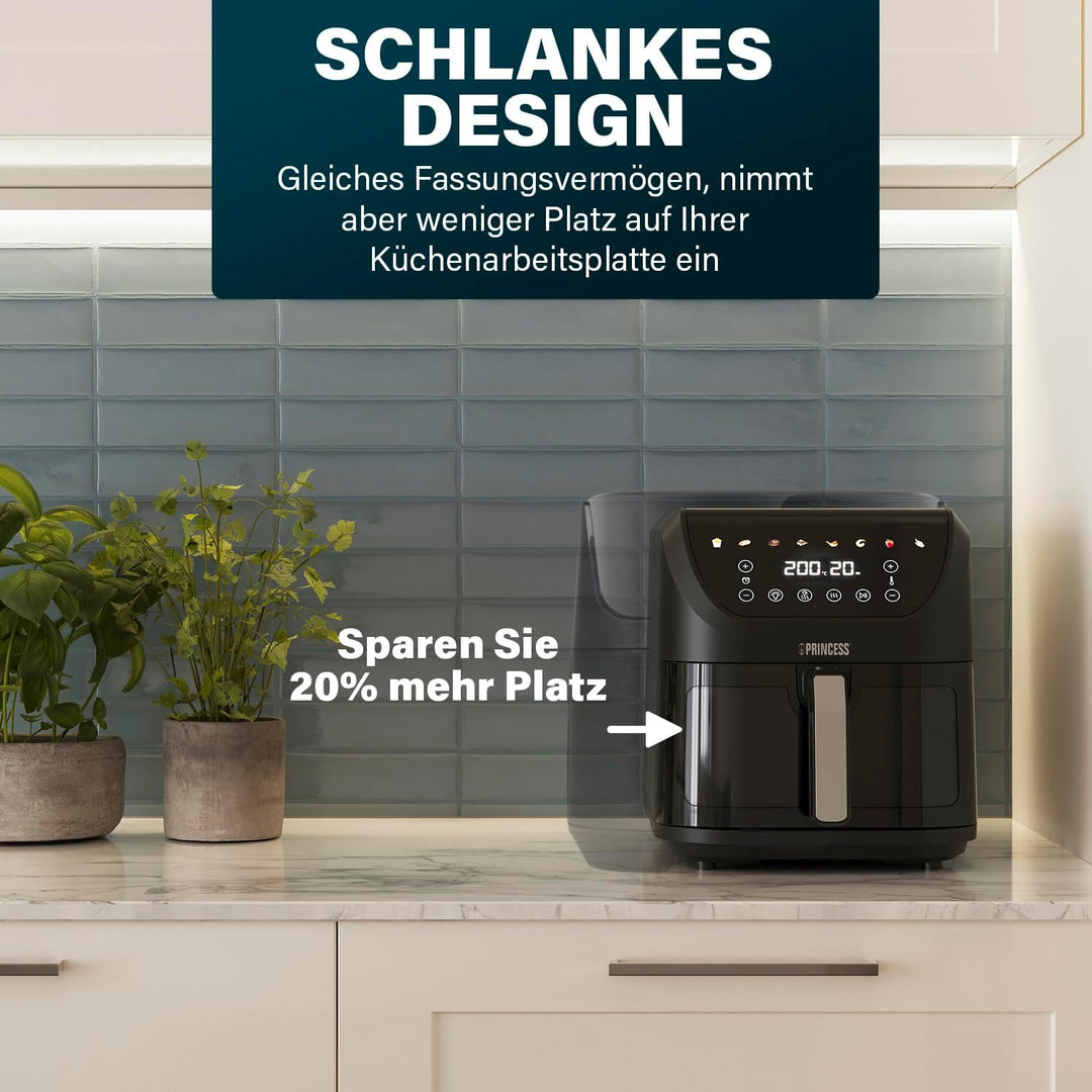 Princess SlimFry Heissluftfritteuse 8 L, platzsparend, fettfreie Kochtechnologie, 8 Programme, Sicht