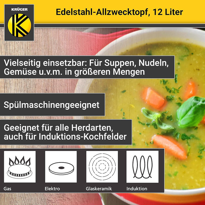 Krüger Edelstahl-Allzwecktopf - Kochtopf mit Deckel zum Sichtkochen - energiesparender Kapselboden -
