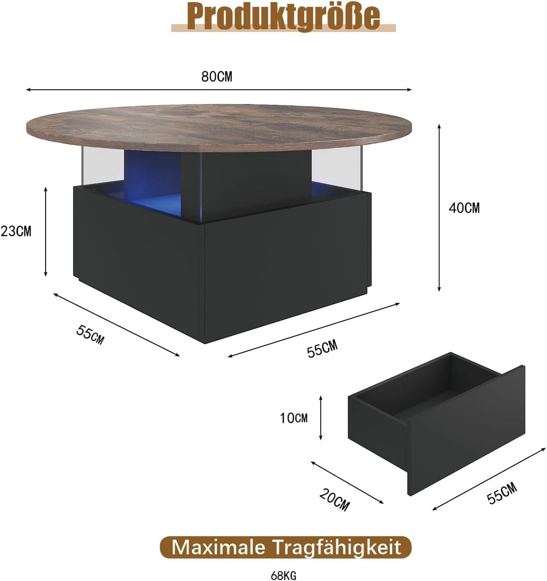 KEEPREAPER Couchtisch rund, Wohnzimmertisch mit 16-Farbiger LED Beleuchtung, für Wohnzimmer 80 x 80