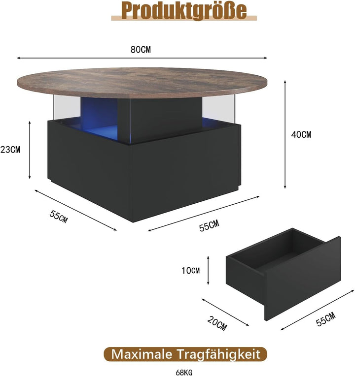 KEEPREAPER Couchtisch rund, Wohnzimmertisch mit 16-Farbiger LED Beleuchtung, für Wohnzimmer 80 x 80