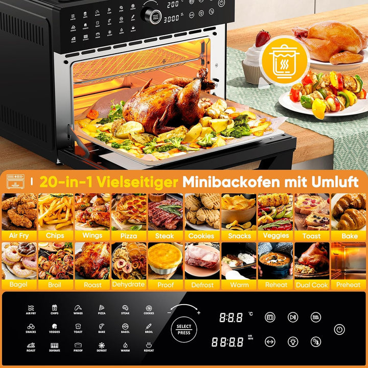 30L Heissluftfritteuse XXL Minibackofen mit LED-Touchscreen, Minibackofen mit Umluft mit 20 Programm