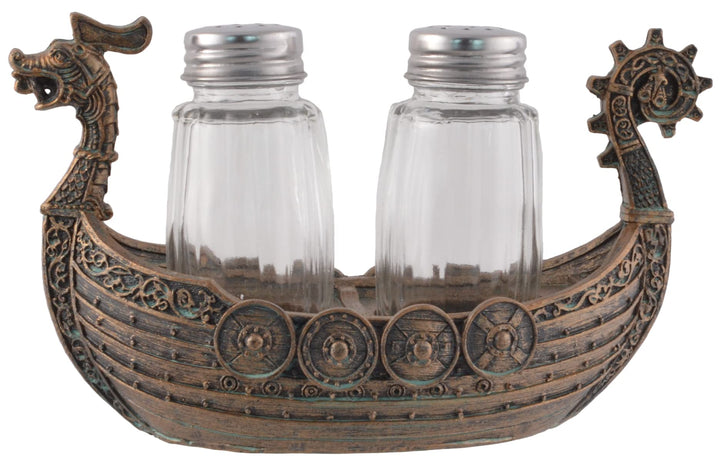 Nordischer Salz- u. Pfefferstreuer "Drakar" - Wikinger Schiff mit Glasstreuern