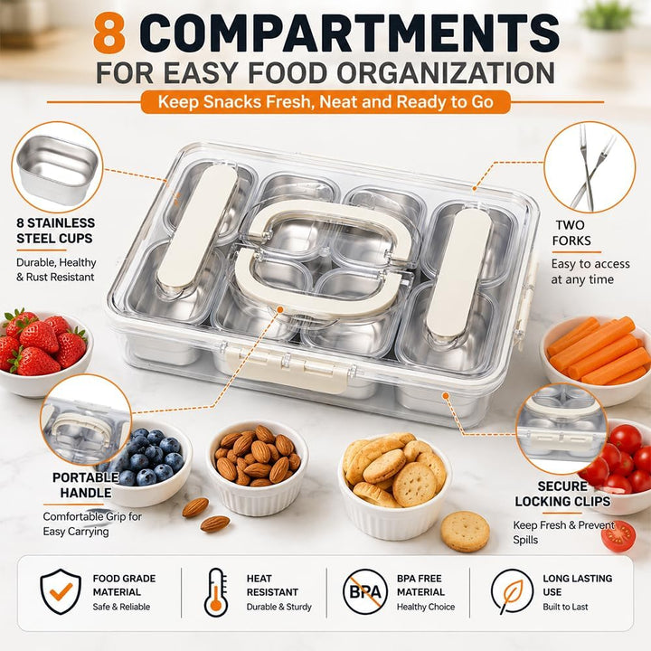 Snackbox Edelstahl mit 8 Fächern Snackteller mit Griff für Nüsse