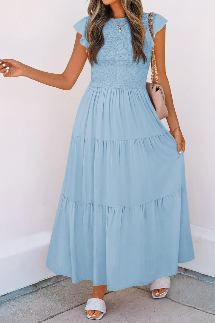 Damen Sommerkleid A Linie Kleider Kurzarm Kleid Midi Freizeitkleid S Hellblau, S Hellblau