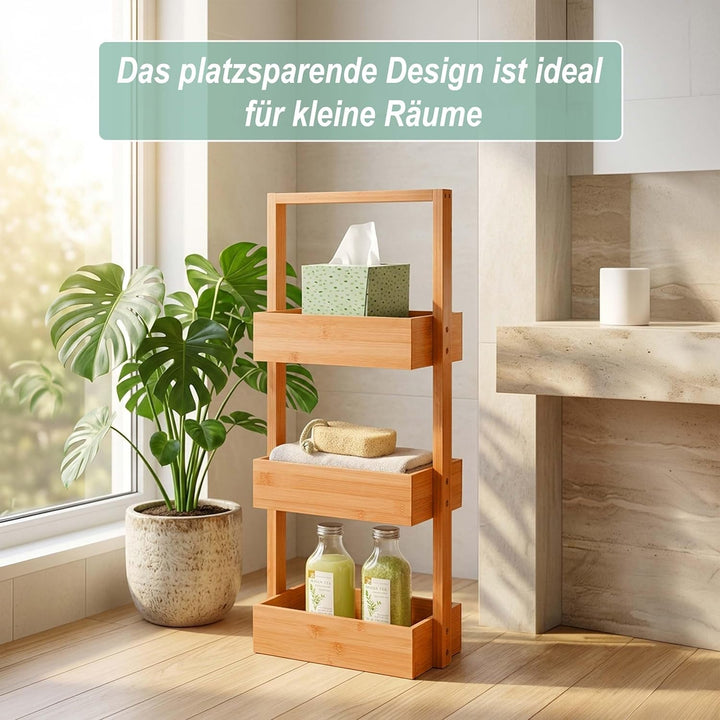 Relaxdays Badregal, mit 3 Ablagen, HxBxT: 70 x 26 x 17 cm, Standregal für Badezimmer &amp; Küche, Bambus