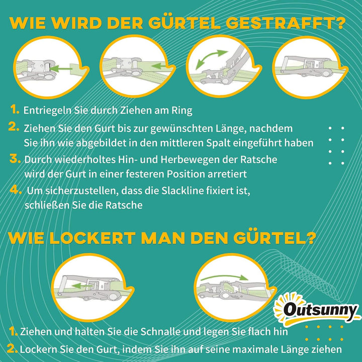 Outsunny Ninja Line Kinder 10m Slackline Set mit Hindernissen, Klettergerüst, Turnringe, Baumschutz,