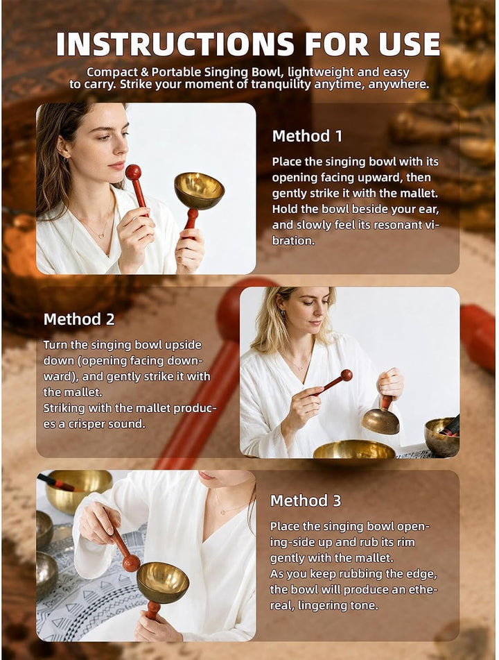 Tibetisches Klangschalen Set Meditationsklanginstrumente mit Holzhammer | Tibetische Klangschalen fü