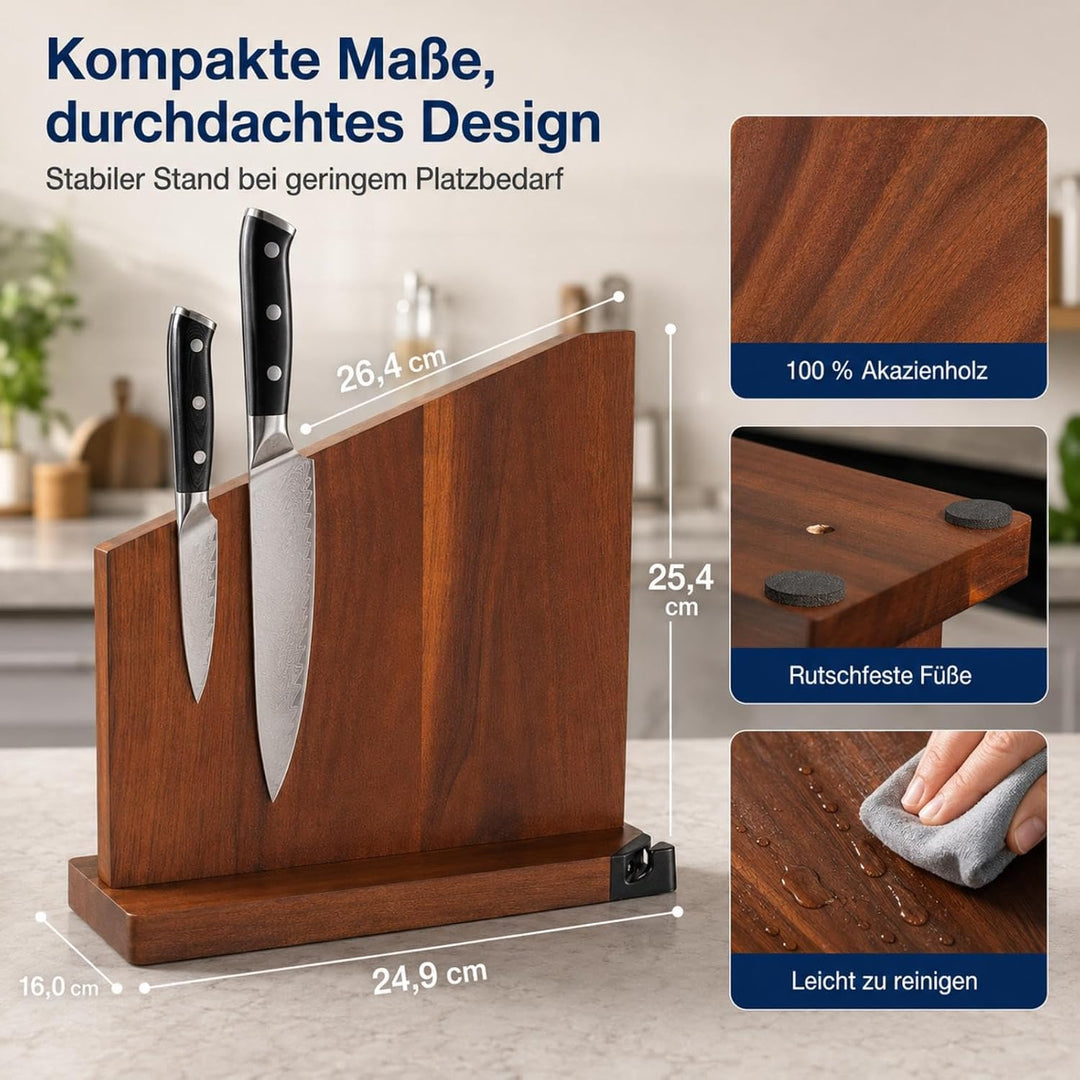 Magnetischer Messerblock ohne Messer aus Akazienholz, doppelseitiger Messerhalter mit starkem Neodym