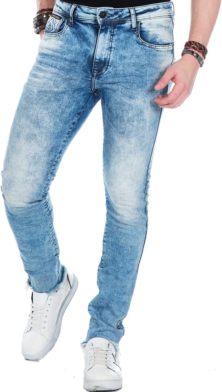 Cipo Baxx Herren Used Jeans Hose Frayed-Legs Slim Fit Design Hose Blau W42 L34