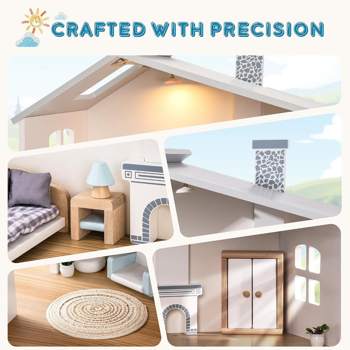 ROBUD Puppenhaus aus Holz Lichtern,3 Etagen, inklusive Möbeln und Treppe,Spielzeug für Kinder ab 3 J
