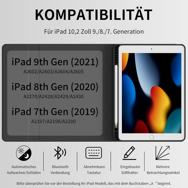 Bluetooth Tastatur Hülle für iPad 9./8./7. Generation, Schwarz, Schwarz
