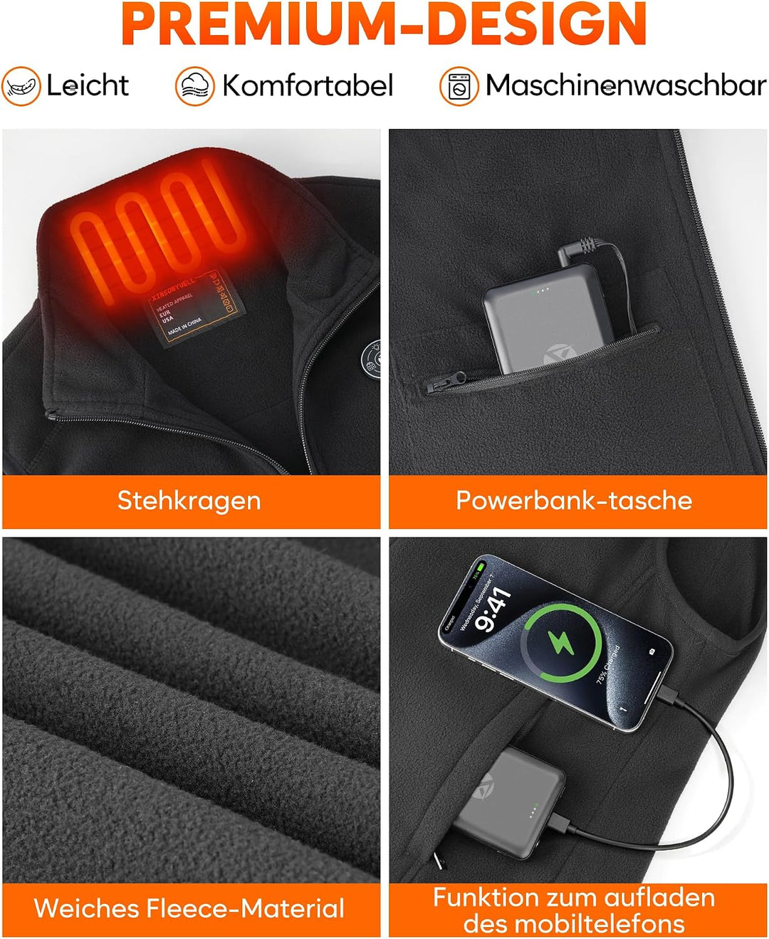 Heizweste Fleece Damen mit 16000mAh Akku, Leichte Beheizbare Weste XS, XS