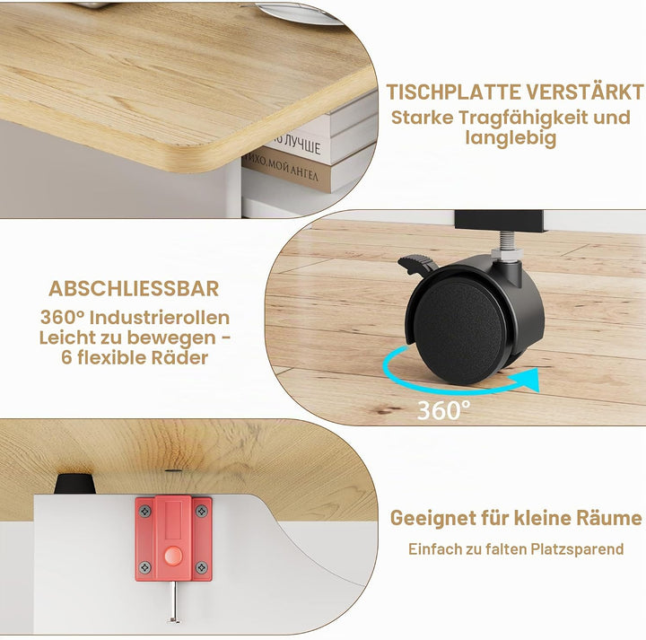Platzsparender Klappbarer Esstisch – Ausklappbare Tischplatte, 2-Stufiger Stauraum &amp; Rollen – Erweit