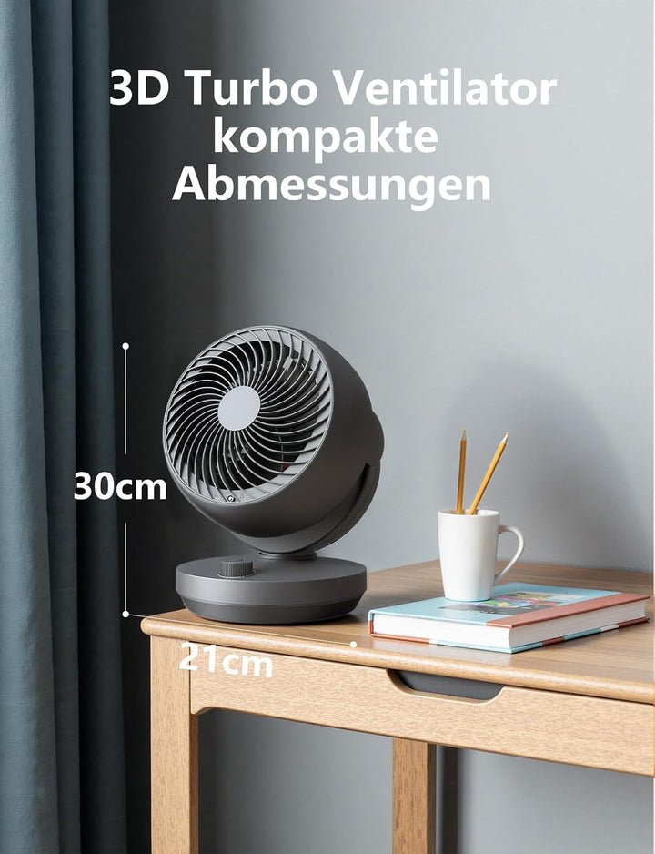 Ventilator Leise, 22dB Tischventilator mit Luftzirkulation, 3D Turbo Air Circulator, 3 Stufen &amp; 100°