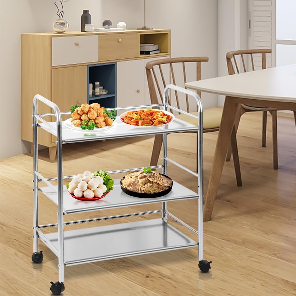 Servierwagen aus Edelstahl, Rollwagen mit Lenkrädern, mit 3 Ablagen, Abstand der Tabletts 27/19 cm,