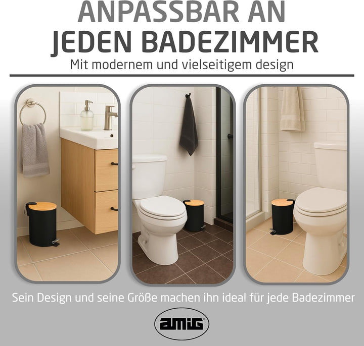 Amig - Kosmetikeimer mit Pedal 5L Naturline - Schwarz und Bambus - Hygienische Öffnung - Ø20 x 26 cm