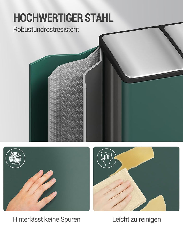 Hzuaneri Mülleimer Küche, 2 x 30 L, Mülltrennsystem 2 Fächer 60 L, Edelstahl-küchenmülleimer, Tretmü