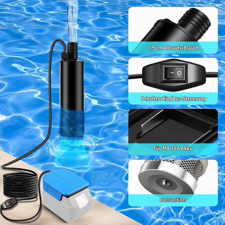 Tauchpumpe für Makita Akku 18V LXT, Elektrische Wasserpumpe 30L/MIN Wasserdurchfluss mit Kabellänge