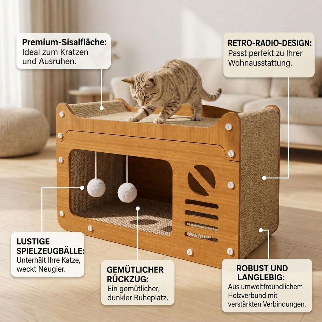 Katzenkratzhaus aus Holz im TV-Design Gelb mit Spielball – 2-in-1 Katzenhaus &amp; Kratzmöbel, Robustes