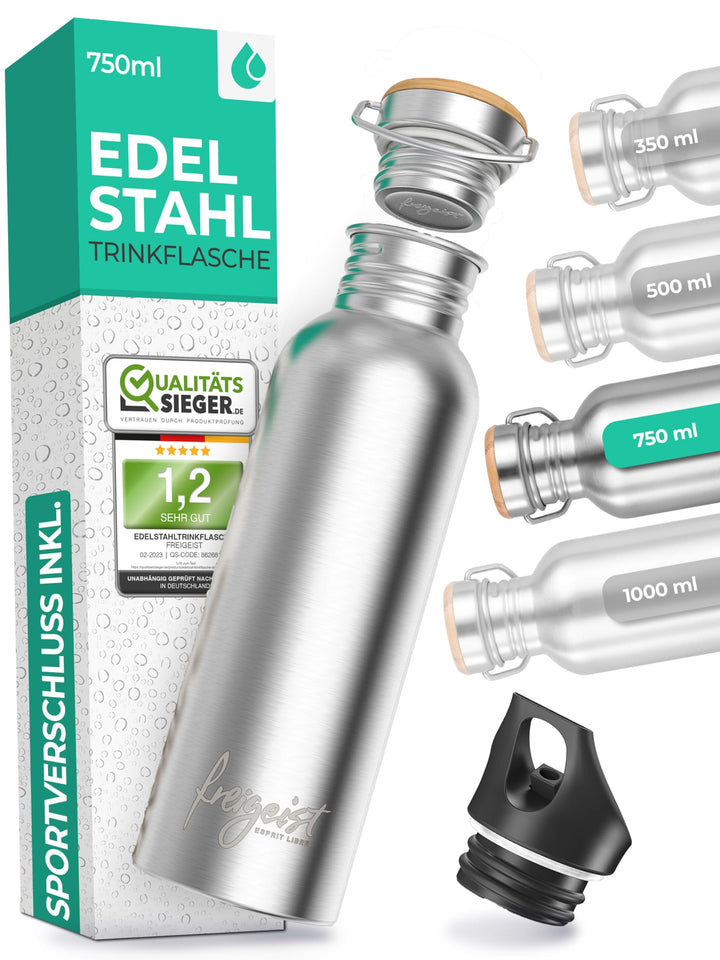 Die Trinkflasche Edelstahl 500ml + EXTRA Sportverschluss, Edelstahl Trinkflasche 750ml, 500ml + 350