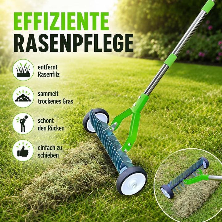 Handvertikutierer mit Rollen 165cm, Vertikutierer Hand, Verstellbarer Vertikutierrechen, Rasenlüfter
