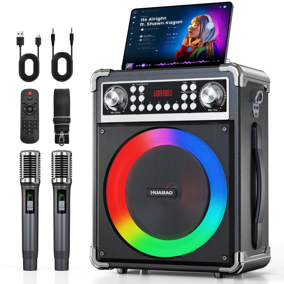 Karaoke-Maschine mit 2 kabellosen Mikrofonen, tragbarer Bluetooth-Lautsprecher für Erwachsene und Ki