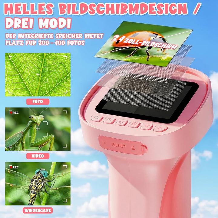 Mikroskop für Kinder 1000X mit Bildschirm, Foto, Videofunktion Rosa, Rosa